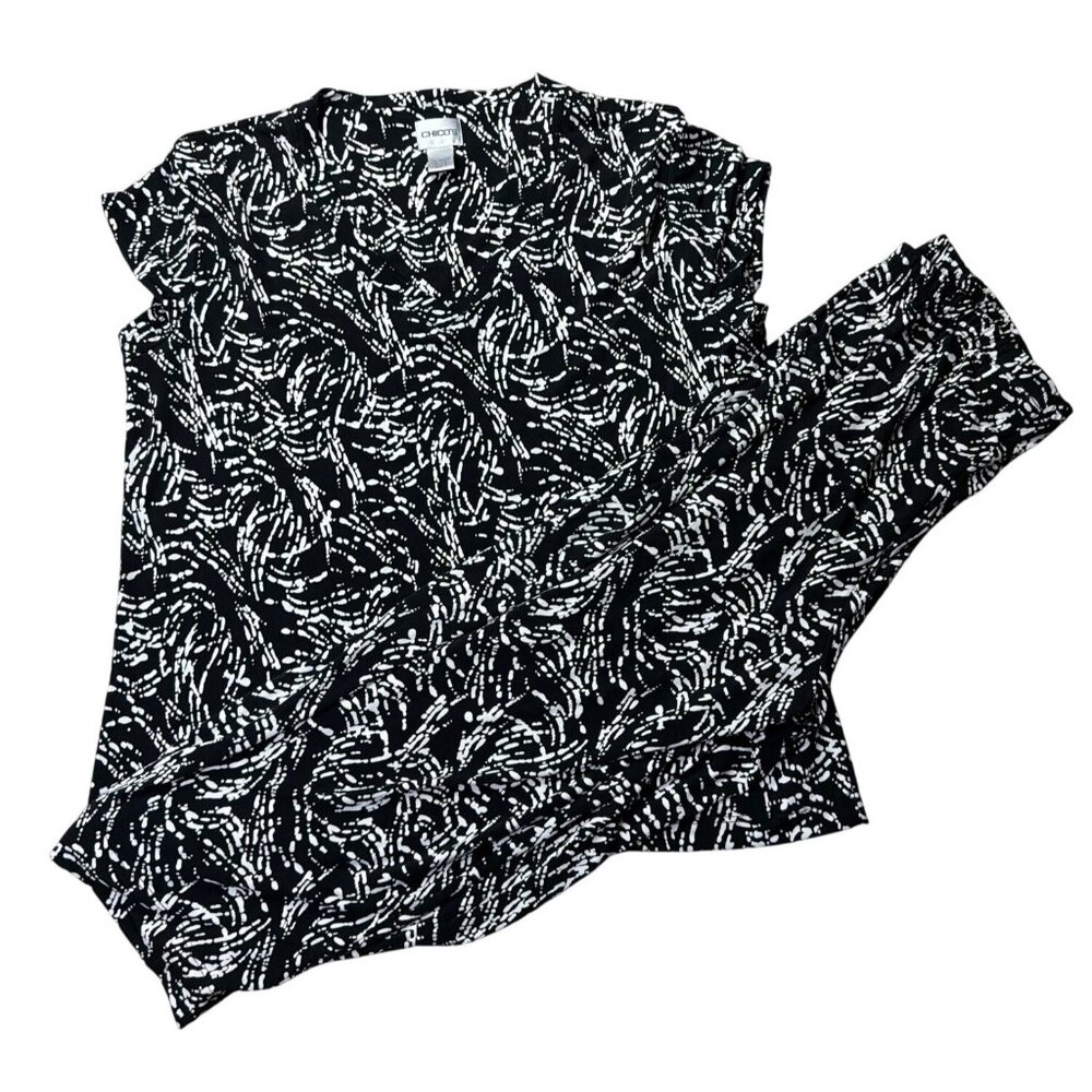 Chicos Black White Abstract Print Knit 2 piece Top & Pants Set Size XL